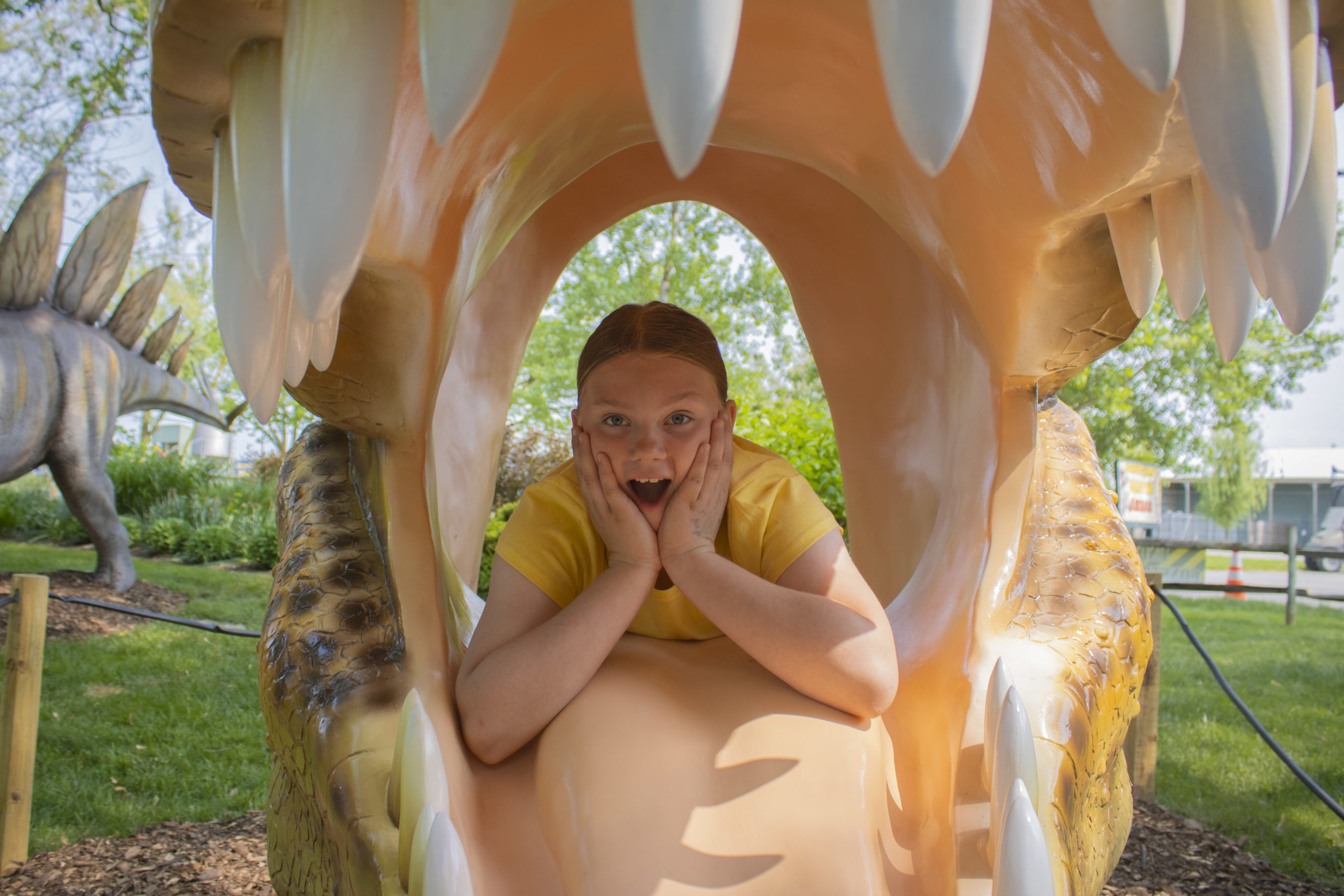 girl in T. rex head